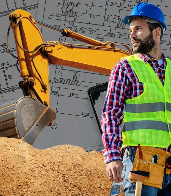 An image of a contractor holding a blueprint of a house with an excavator in the background. An image of a contractor holding a blueprint of a house with an excavator in the background.